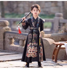 Boys hanfu black dragon chinese ancient traditional prince swordsman performance robe kids Tang han king cosplay clothes
